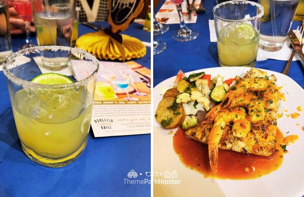 Tides of Flavor 5 Course Meal Parker's Margarita with Unicorn Fish topped with shrimp Bonefish Grill Restaurant Special Events