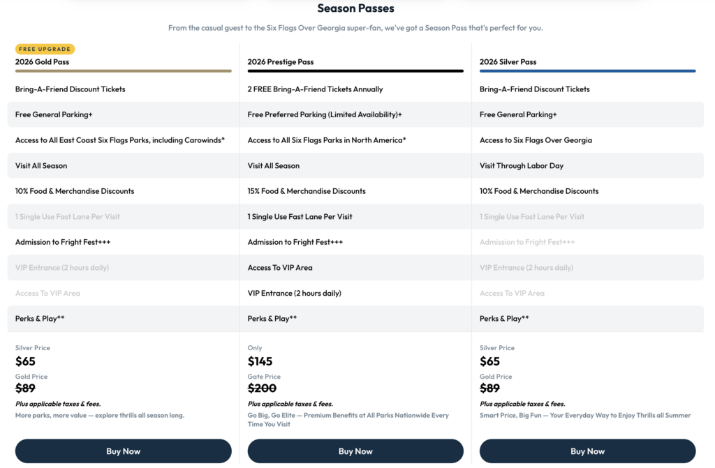 2026 Six Flags Over Georgia Season Pass Prices Benefits and Options