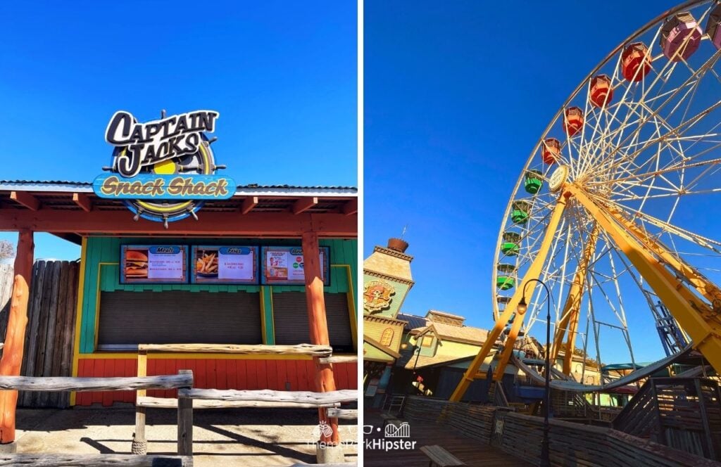 Captain Jacks Snack Shack Food Pirates of the Deep Sea and Ferris Wheel Six Flags Fiesta Texas Theme Park San Antonio