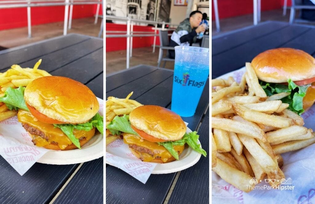 DC Universe Johnny Rockets Express Burger with Fries and Blue Power Aid Drink Six Flags Fiesta Texas Theme Park San Antonio