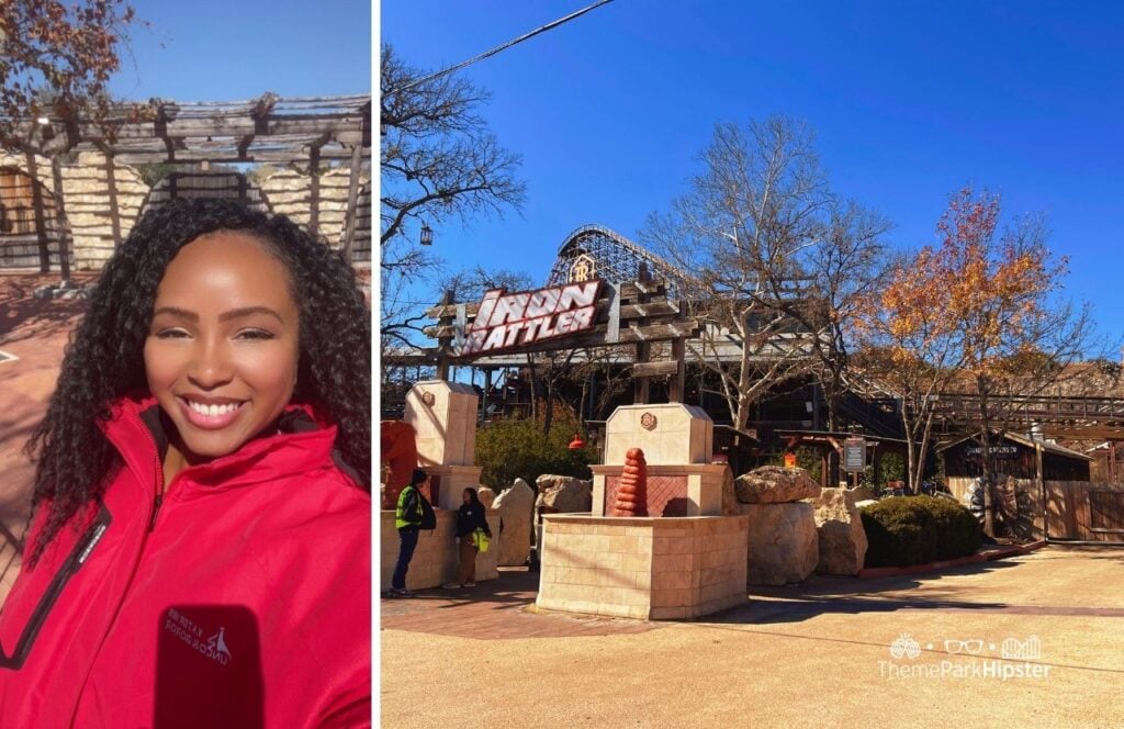 NikkyJ and Iron Rattler roller coaster in Crackaxle Canyon Screampunk District Six Flags Fiesta Texas Theme Park San Antonio