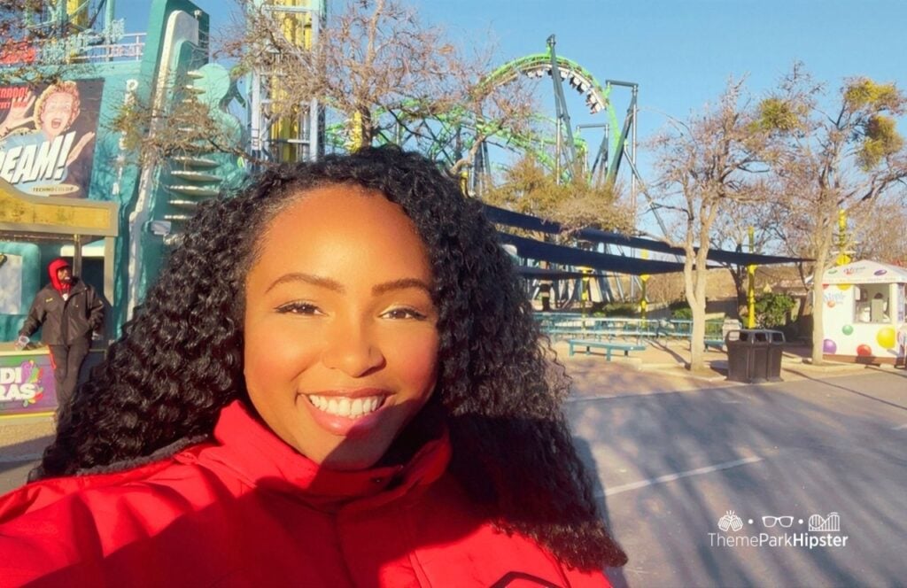 NikkyJ in front of Poltergeist Roller Coaster Six Flags Fiesta Texas Theme Park San Antonio