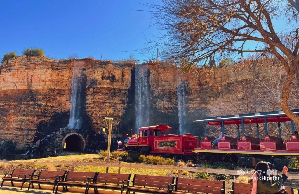 Quarry Wall and Railroad Train Six Flags Fiesta Texas Theme Park San Antonio