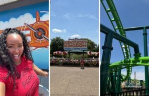 Kentucky Kingdom Amusement Park Louisville NikkyJ at Flying Fox Roller Coaster and Entrance to the park