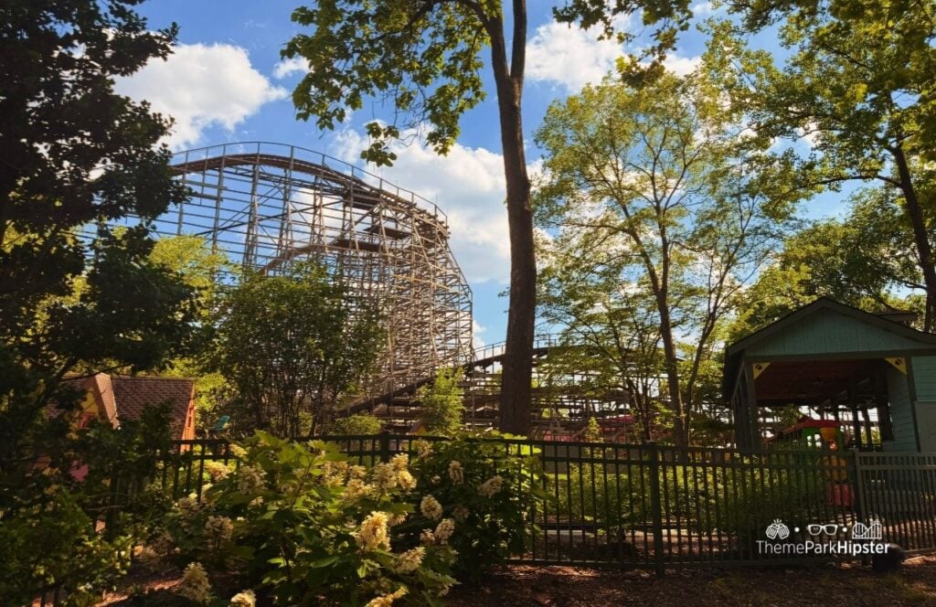 Kentucky Kingdom Amusement Park Louisville Woodland Run Wood Roller Coaster in Discovery Meadow