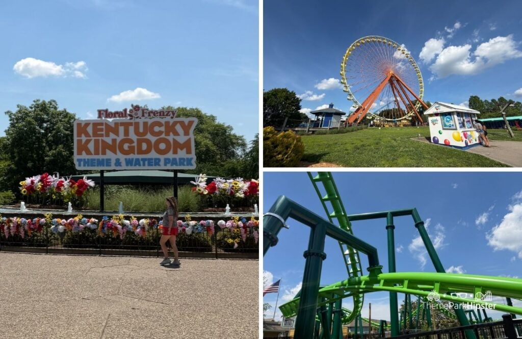 Kentucky Kingdom Amusement Park Louisville entrance to the park Giant Ferris Wheel and Flying Fox Roller Coaster