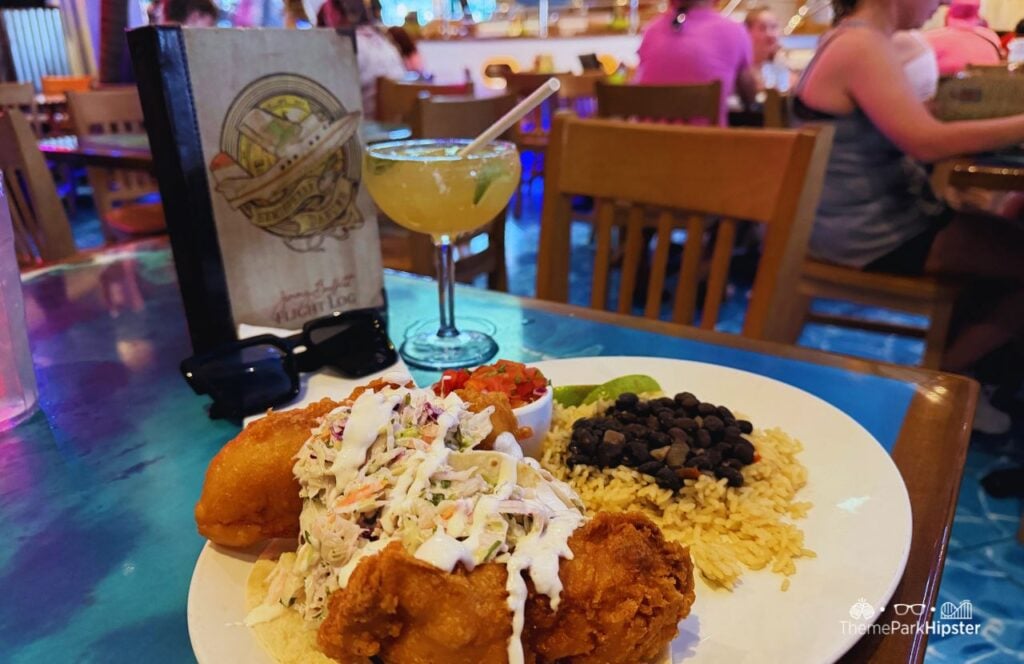 Margaritaville Restaurant Universal Orlando Citywalk Fish tacos with rice and black beans and a perfect margarita