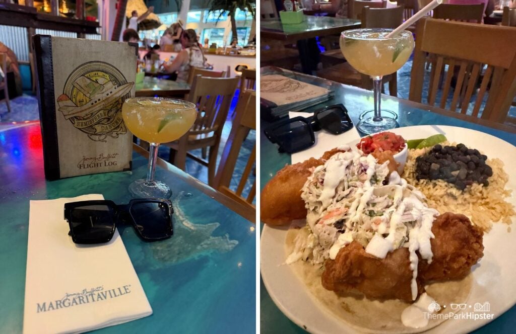 Margaritaville Restaurant Universal Orlando Citywalk Fish tacos with rice and black beans and a perfect margarita